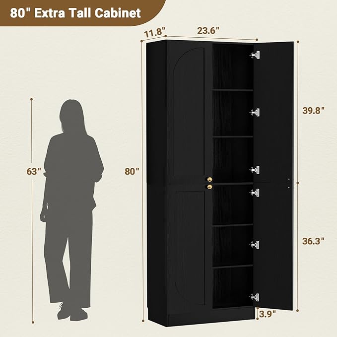 Cyclysio Storage Cabinet Set of 2, 80" Tall Arched Bookcase with 4 Soft Close Doors, 12-Tier Wooden 2 Set Pantry with Adjustable Shelves, Seamless Fit Wall for Home Office, Living Room, Kitchen
