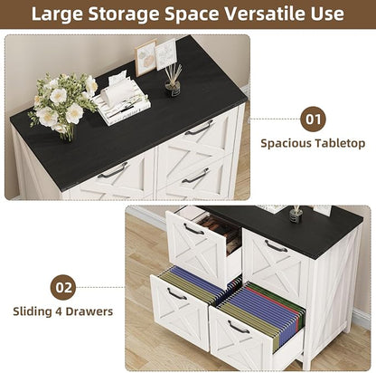 Halitaa Lateral File Cabinet with 4 Drawers, Farmhouse File Cabinet for Letter/A4 Size Hanging Files, Large Wood File Storage Cabinets Printer Stand for Home Office Cabinets, Rustic White and Black