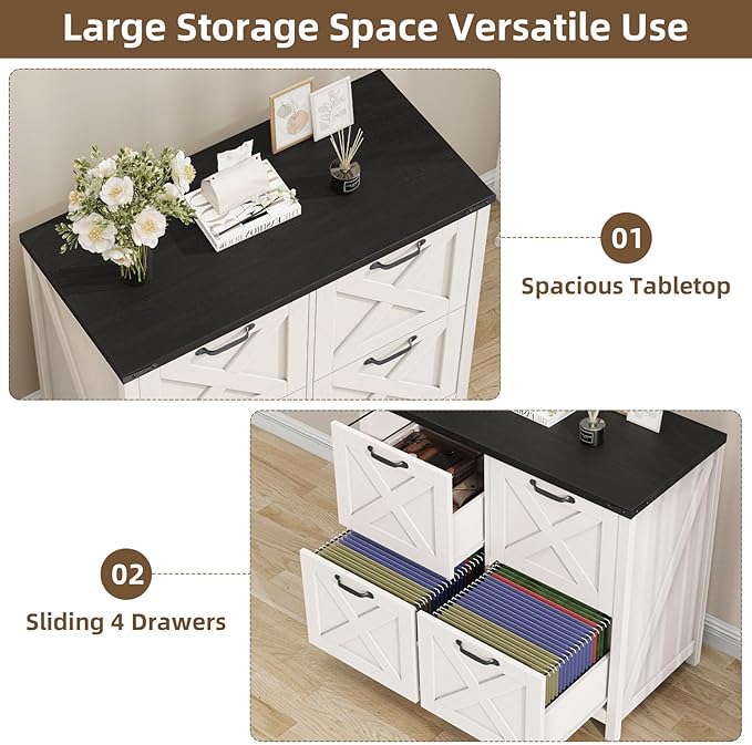 Befrases Farmhouse File Cabinet, Lateral Filing Cabinet with 4 Drawers for Letter/A4 Size Hanging Files, Wooden Printer Stand File Storage Cabinet for Home Office Cabinets, White and Black