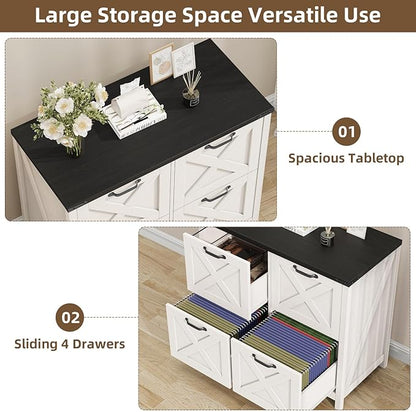 Befrases Farmhouse File Cabinet, Lateral Filing Cabinet with 4 Drawers for Letter/A4 Size Hanging Files, Wooden Printer Stand File Storage Cabinet for Home Office Cabinets, White and Black