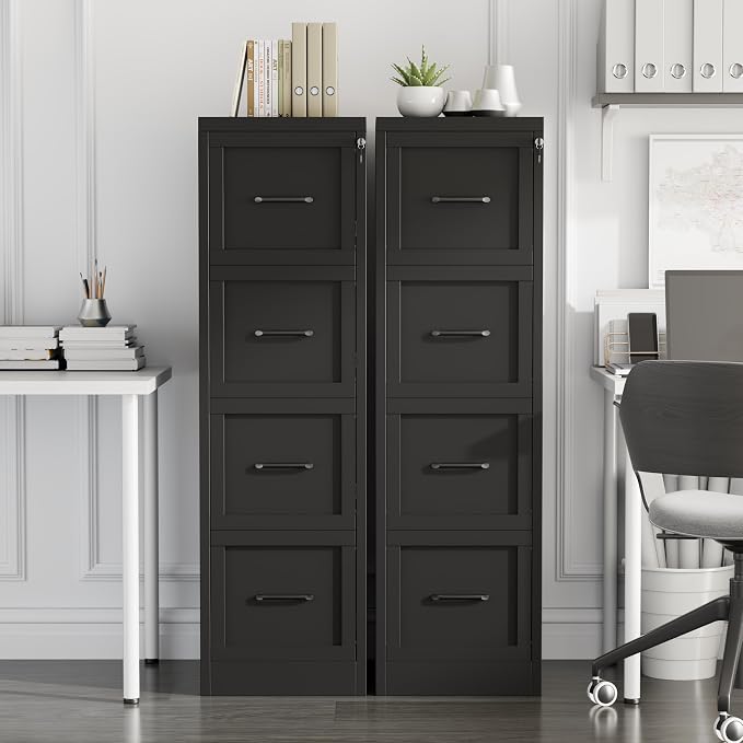 Small Metal 4-Drawer File Cabinet, Under-Desk Filing Cabinet, Black | Locking, Adjustable Hanging Rail, Fit A4, FC, Letter, Hanging File Folders for Home Office Storage Organization, 2PS