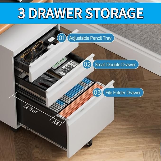 3 Drawer Mobile File Cabinet with Lock, Metal Filing Cabinet, Under Desk Rolling Small Filing Cabinet with Wheels for Home Office Storage, Fits Legal/A4/Letter/Document Size, Required Assembly, White