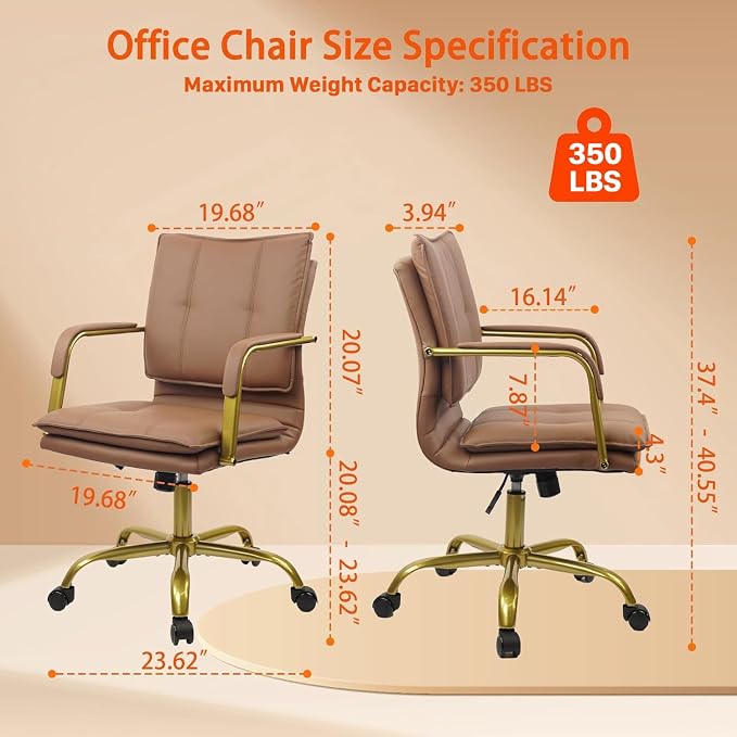 CLATINA Leather Home Office Desk Chairs, Swivel Mid-Back Computer Chair with Golden Legs and Arms, Comfy Upholstered Task Chair with Wheels, Brown