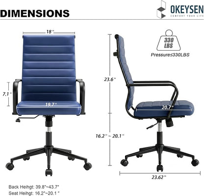 Okeysen Blue Leather Office Desk Chair, Conference Room Chairs Executive Chair Ribbed, Ergonomic Height Adjustable Swivel Rolling Chair for Home Office.