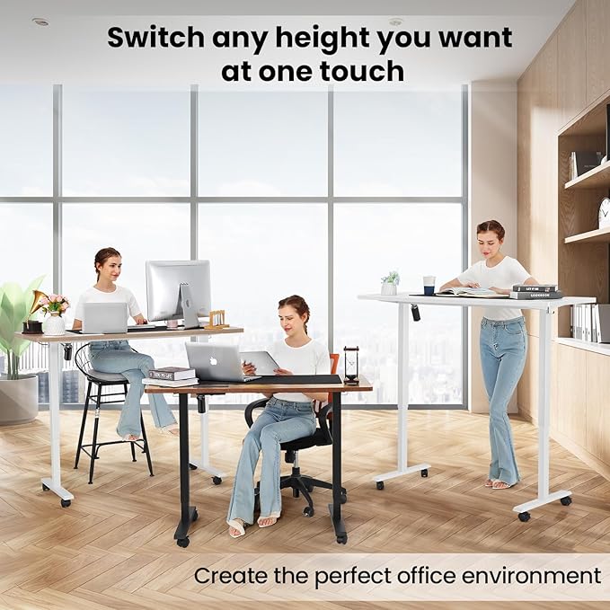 farexon 55 x 24inch Electric Standing Desk Adjustable Height with Power Outlets, Stand up Desk with Wheels,Hooks, Mouse Pad, Preset Heights Home Office Gaming Computer Workstations Table（Oak）