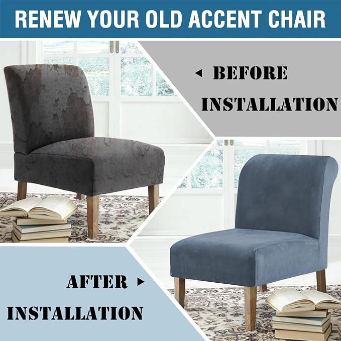 H.VERSAILTEX Armless Accent Chair Covers Thick Velvet Armless Chair Slipcovers High Stretch Chair Covers for Living Room Hotel Machine Washable Furniture Protector with Elastic Bottom, Stone Blue