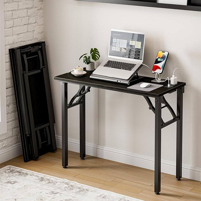 Frylr Small Folding Computer Desk – 35.8 Inch Portable Table for Craft and Study, Lightweight Desk for Small Spaces, Foldable Laptop Table Built-in AC/USB Outlets for Convenience, Dark Oak