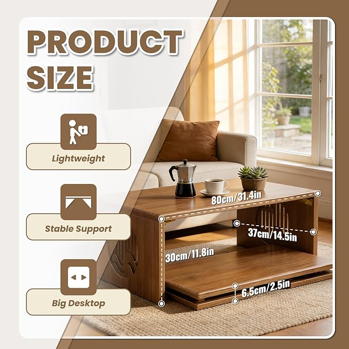 Folding Floor Coffee Table, Japanese Bamboo Foldable Coffee Tables, Portable Living Room Low Table, Versatile Tatami Meditation Tea Table for Dining Room, Wooden Desk for Home, Office (80X37CM)