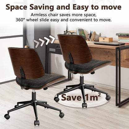 CLATINA Home Office Desk Chair with Wheels, Adjustable Height Armless Office Chair, PU Leather Mid Back 360 Swivel Computer Chair, Modern Walnut Chair for Home, Meeting, Reading Room,Black(2 pk)