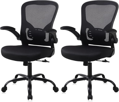 Flysky Mesh Office Chair, Ergonomic Computer Desk Chairs for Home Office - with Comfy/Comfortable Flip-up Arm Rests, Lumbar Support, Height Adjustable, 360 Degree Rolling Swivel (Black, 2 Pack)