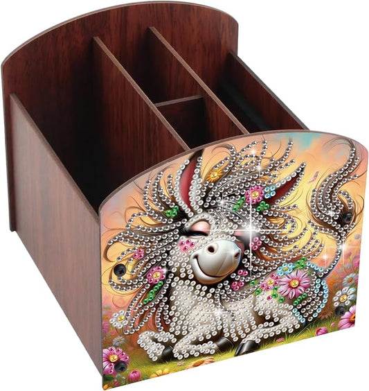Diamond Painting Wooden Desk Organizer Donkey Design, DIY Diamond Art Storage Box for Home Office Tabletop, Decorative Wooden Craft Organizer for Stationery & Accessories