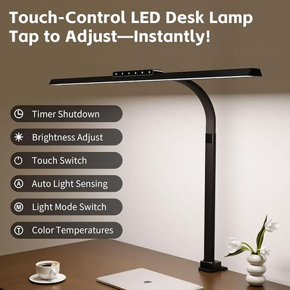 Architect Desk Lamp with Clamp, Eye-Caring Clip on Desk Lights for Home Office, Touch Control Dimmable LED Computer Light with Color Changing, 24W Bright Desktop Lamp for Drawing Crafts, Black