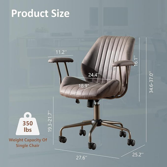 Mid Back Home Office Chair, Mid Century Modern Executive Chair, Comfy Ergonomic Rolling Office Desk Chair with Lumbar Support, Faux Leather Office Chair, Dark Gray