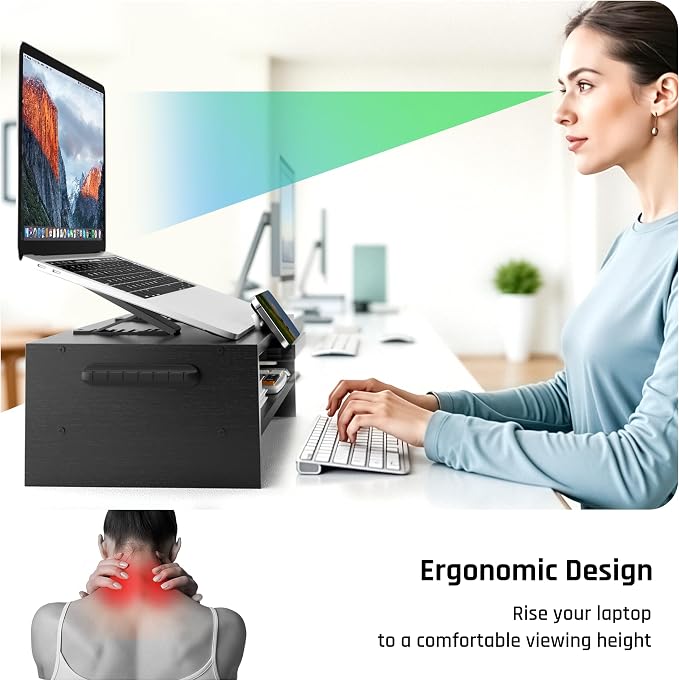 AFOOYO Adjustable Wood Laptop Stand, Ergonomic Height Angles Computer Holder Riser for Desk Compatible with Air, Pro, Dell, HP, Lenovo More 10-17.3" Laptops, Black