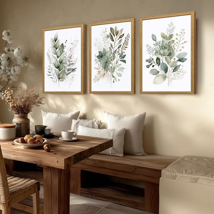LLEEMPI Sage Green Wall Art Set of 3, Modern Watercolor Botanical Wall Decor, Eucalyptus Leaf Canvas Painting, Classic Minimalist Florals Poster Print for Bedroom Bathroom Office 16x24 Inch Framed Included (Total Size)