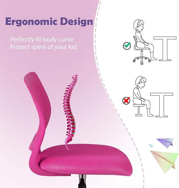 POWERSTONE Small Home Office Desk Chair, Swivel Rolling Study Computer Chair, Adjustable Height Task Chair with Armless Mid Back, Upholstered Mesh Seat, Rose