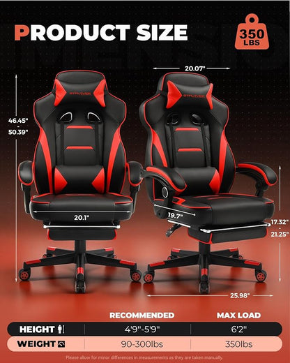 GTPLAYER Gaming Chair with Footrest, Big and Tall Game Chair 350lb Racing Style Computer Chair, Ergonomic Executive Office Chair High Back with Lumbar Support and Recliner, Red