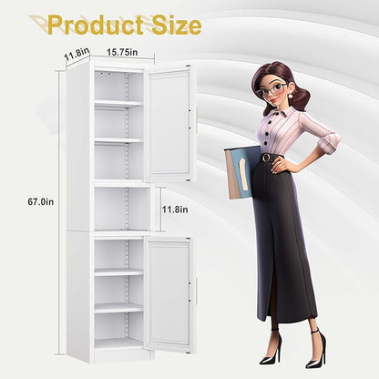 pozdeg 67" Tall Narrow Storage Cabinet Metal Bathroom Cabinet with 2 Doors & 4 Adjustable Shelves, Standing Pantry Cabinets Cupboard for Kitchen, Dining Room, Living Room and Bathroom (White)