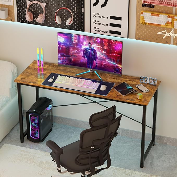 Sweetcrispy Small Computer Desk, 55" Office Writing Desk with Metal Frame & Wooden Tabletop, X-Shaped Reinforcement, Student Study Home Bedroom Table, Brown