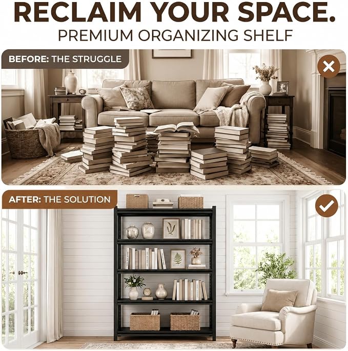 4 Tier Metal Bookshelf, Adjustable Tall Bookcase, Heavy Duty 2400 LBS Modern Deep Book Shelf, Bolt-Free Storage Shelves for Living Room, Home Office, Garage, 23.6" Wx 11.8" Dx 44.1" H