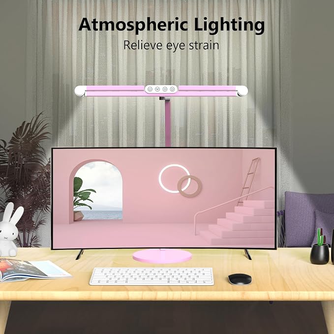 Micomlan Led Desk Lamp with Base, Adjustable Tall Architect Desk Light for Home Office with Flexible Swing Arm, 24W Pink Bright Table Lamp Auto Dimming Computer Light for Workbench