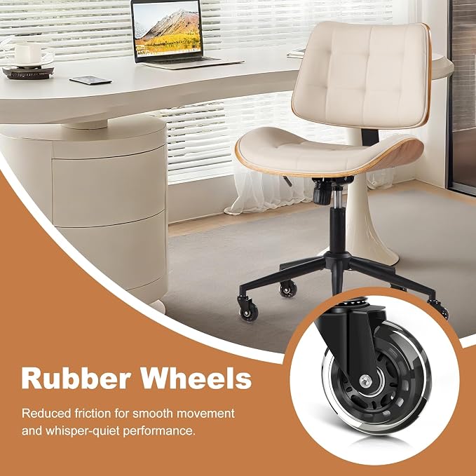 BV Armless Office Chair with Rubber Wheels, 360° Swivel Adjustable Task Chair, PU Leather Rolling Desk Chair for Home Office, Study and Conference Room, Beige