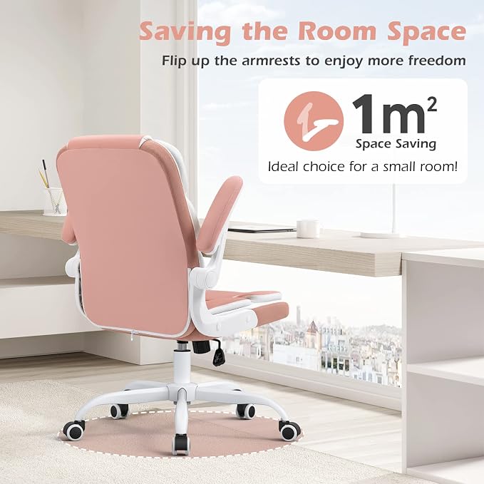 SEATZONE Pink Desk Chair Modern Executive Office Chair with Arms PU Leather Computer Desk Chair for Girls Women