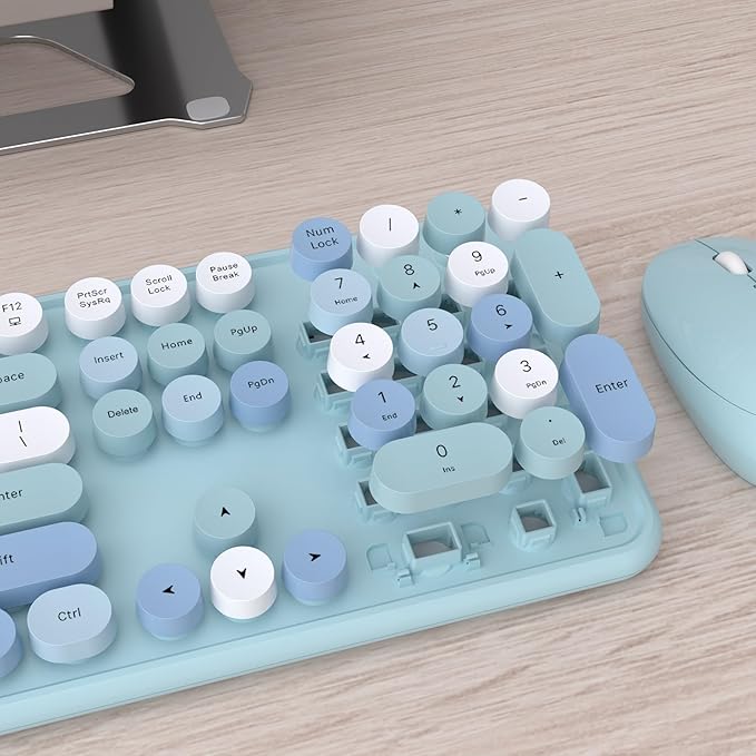 UBOTIE Colorful Wireless Keyboard and Mouse Combos, Retro Typewriter Floating Flexible Full-Sized Keys Computer Keyboard with Optical Mouse, 2.4GHz USB-A Connection for Windows Mac (Blue-Colorful)