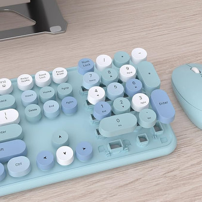 UBOTIE Colorful Wireless Keyboard and Mouse Combos, Retro Typewriter Floating Flexible Full-Sized Keys Computer Keyboard with Optical Mouse, 2.4GHz USB-A Connection for Windows Mac (Blue-Colorful)