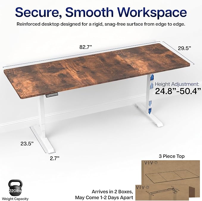 VIVO Electric 83 x 30 in Standing Desk, Touch Screen Adjustment, 220 lb Frame Support, 2E Series, Vintage Brown Top, White Frame, DESK-KIT-2EW84N