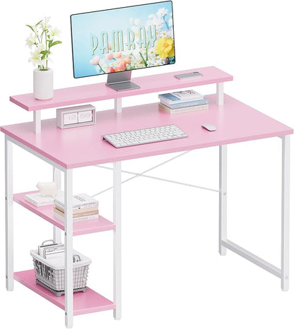 Pamray 33.5 Inch Small Computer Desk with Monitor Stand and Shelves | Sturdy, Space-Saving, Easy Assembly, Suitable for Bedroom, Office, Apartment and Dorm, Used for Writing and Studying