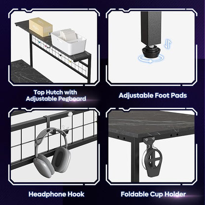 Bestier 42 L Shaped Gaming Desk, Computer Desk with Power Outlets & LED Light, Reversible Corner Desk with Shelves, Home Office Desk with Storage, Black Marble