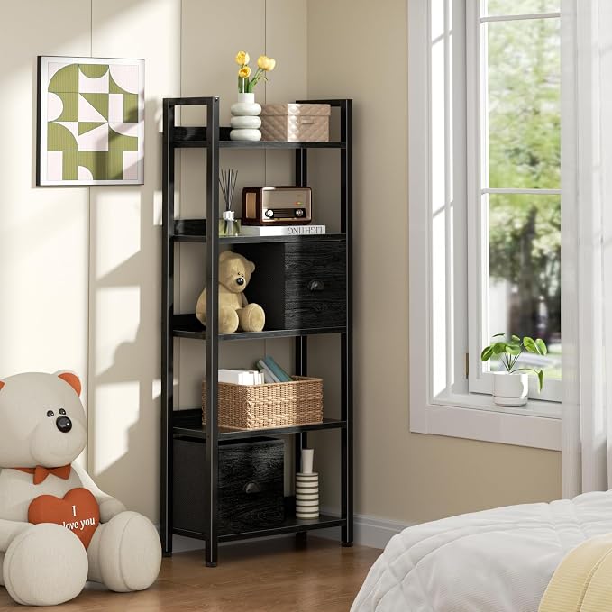 Furologee 5-Tier Bookshelf, Tall Bookcase with 2 Storage Drawers, Industrial Display Standing Shelf Units, Wood and Metal Storage Shelf for Living Room, Bedroom, Home Office, Black Oak