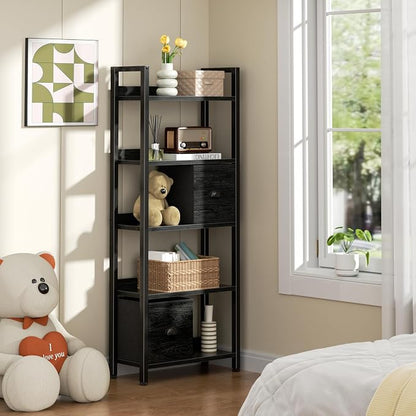 Furologee 5-Tier Bookshelf, Tall Bookcase with 2 Storage Drawers, Industrial Display Standing Shelf Units, Wood and Metal Storage Shelf for Living Room, Bedroom, Home Office, Black Oak