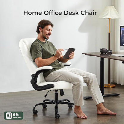 amseatec Office Chair, Executive PU Leather Chair Home Office Desk Chairs, Ergonomic Computer Desk Chair with Adjustable Flip-Up Arms, Lumbar Support Swivel Task Chair with Rocking Function (White)