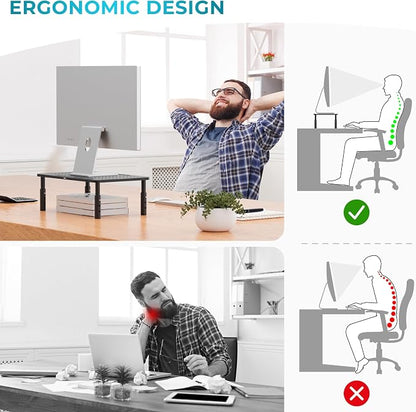 BONTEC 1 Pack 3 Height Adjustable Monitor Stand Riser with Pen Holder, Ergonomic Metal Laptop Stand with Cable Management, Desktop Stand for Computer, Printer (Black, 14.3” x 9.1”)