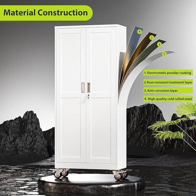 Metal Garage Storage Cabinet with Wheels, 70.9" H x 29.9" W x 15" D, Lockable Rolling Steel Tool Cabinet with Adjustable Shelves, Heavy Duty Garage Cabinet for Workshop, Basement, Home, White