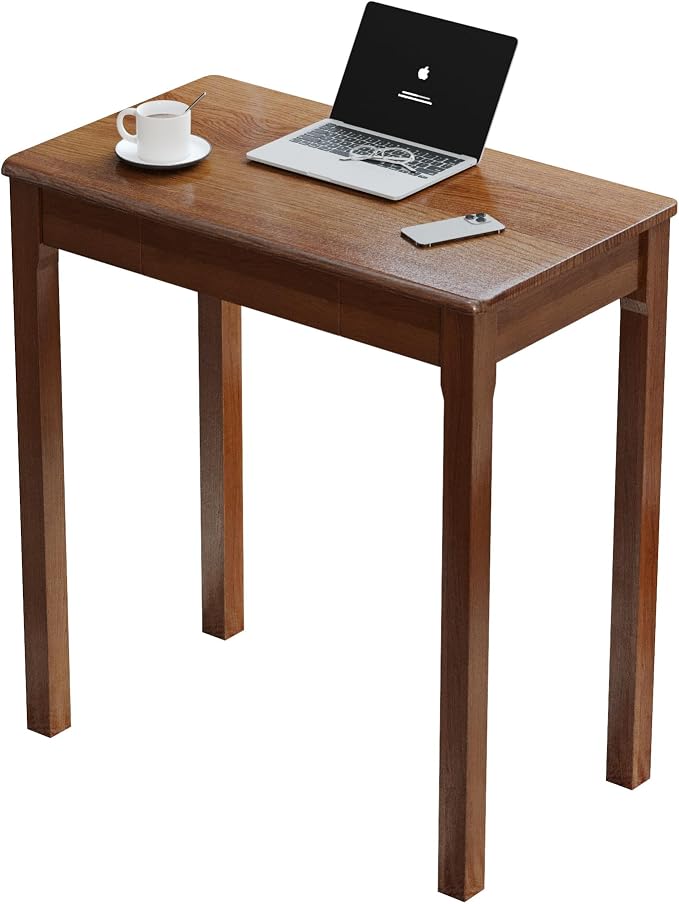 Solid Wood Desk with Drawers - 28 x 16 Inch Simple Narrow Desks, Rubber Wood Study Table, Small Writing Desk for Small Spaces|Bedroom - Natural Boho Desks