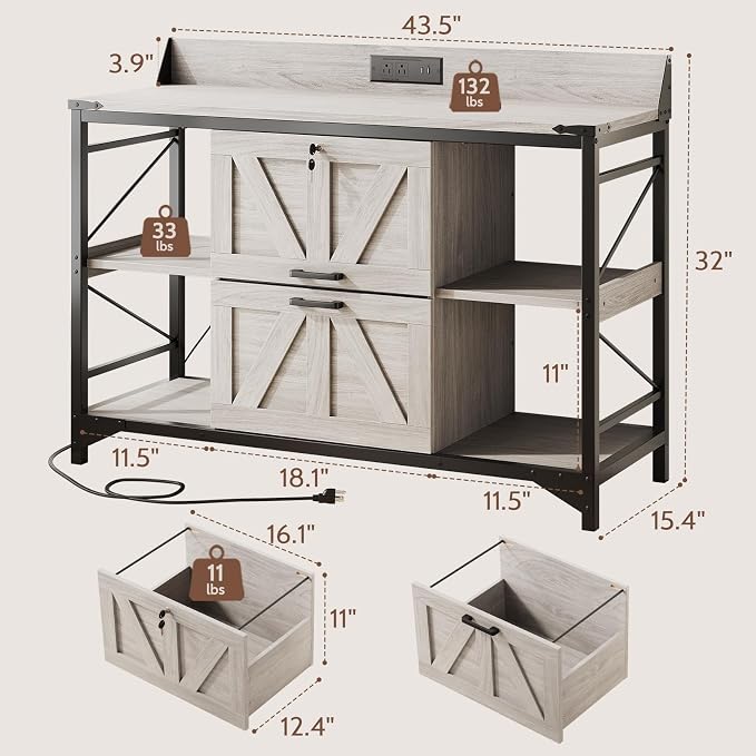 44" File Cabinet, Lateral Filing Cabinet for Home Office with 2 Drawers, Office Storage Cabinet with Lock and Key, Wooden Printer Stand with 4 Storage Shelves and Power Outlets, Office Furniture, Grey