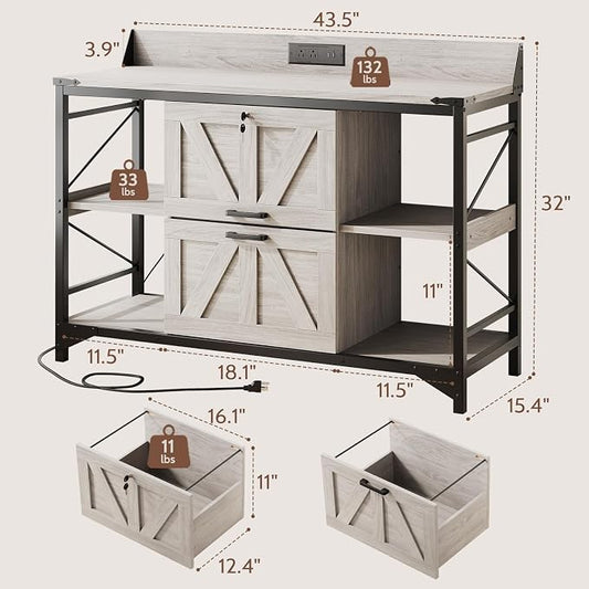 44" File Cabinet, Lateral Filing Cabinet for Home Office with 2 Drawers, Office Storage Cabinet with Lock and Key, Wooden Printer Stand with 4 Storage Shelves and Power Outlets, Office Furniture, Grey