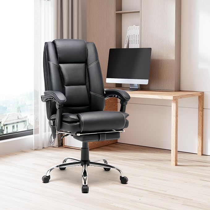 HOMREST Executive Office Chair, Black | Heat and Massage, High-Back PU Leather, Ergonomic with Retractable Footrest, Link Armrests, Reclining Computer Chair