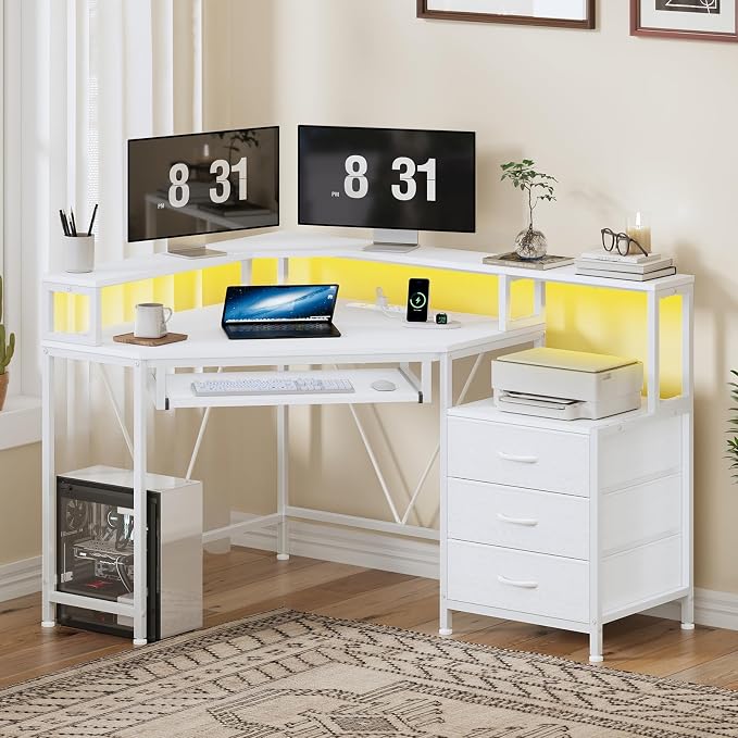 YOMILUVE Small Corner Desk with Drawers, Corner Gaming Desk with Power Outlets & Printer Shelf for Small Space, Triangle Computer Desk with LED Lights, Keyboard Tray and Monitor Stand, White