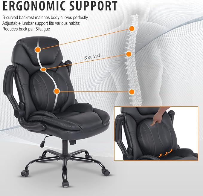 Ergonomic Office Desk Chair with Back Support Flip-up Arms, Comfy Executive Office Chair, Black