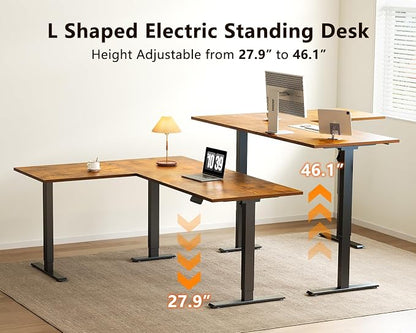 Casaottima 63 Inch Reversible L Shaped Electric Standing Desk, Ergonomic Height Adjustable Desk, Large Lift Corner Stand up Table for Workstation, Home Office, Reception Room, Rustic Brown