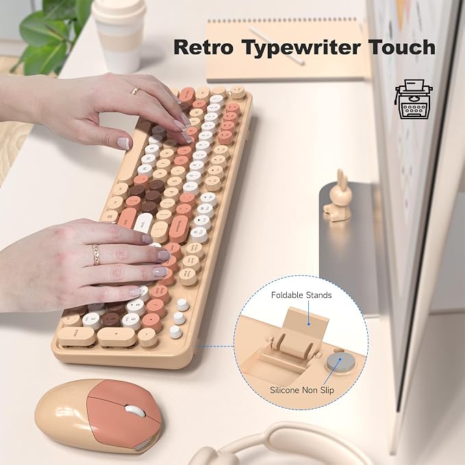 Wireless Keyboard and Mouse Combo, 2.4GHz Retro Full-Size Typewriter Keyboard with Number Pad and Wireless Mouse for PC/Laptop/Desktop/Windows (Milk Tea Colorful)