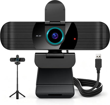 Pro UHD 4K/30fps Webcam with Tripod, External USB Camera for PC/Laptop | Dual noise-cancelling mics | Auto-focus | Wide-angle | Low-light correction | 360° rotation | CMOS sensor | Plug and Play