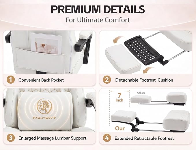 Office Desk Computer Gaming Chair for Adults, Ergonomic High Back Gamer Chair with Massage and Pocket Spring Cushion, Swivel Comfy Video Game Chairs with Footrest and Lumbar Supporrt (Pro White)