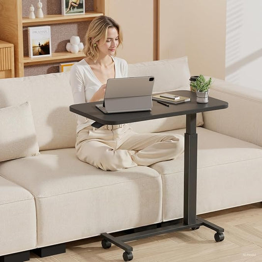 GTPLAYER Small Standing Desk with Lockable Wheels, Pneumatic Mobile Rolling Laptop Desk,Adjustable Height Overbed Bedside Table Computer Workstation for Home Office (32" W x 18" D, Black)