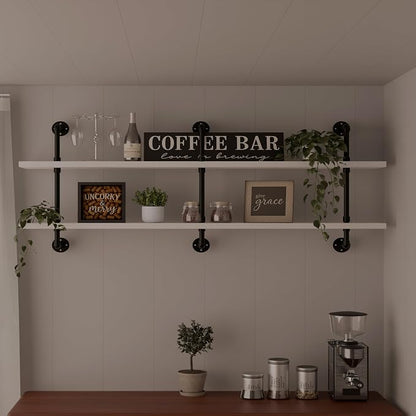 HDDFER Industrial Pipe Shelving Rustic White Pipe Wall Shelves Industrial Shelves with Wood Planks Floating Shelves 60 Inch Farmhouse Bathroom,Kitchen Shelving Wall Mounted