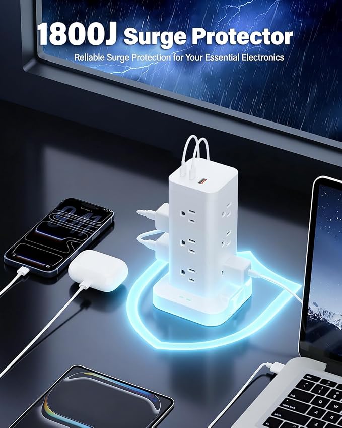 2Pack Power Strip Tower with Surge Protector 1800J, Fast Charging Tower PD20W USB-C Ports with 12 AC Outlets, 10ft Extension Cord for Home Office Dorm Room, White